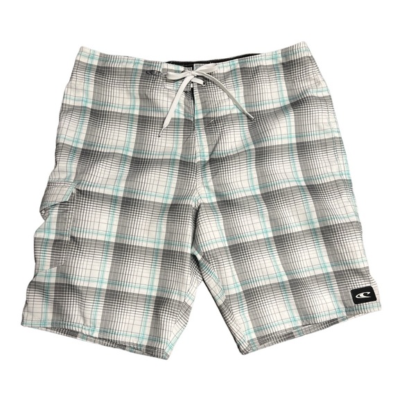 O'Neill Board Shorts Mens size 36 Surf Swim Trunk Cargo Pocket Beach White Plaid - Picture 1 of 6